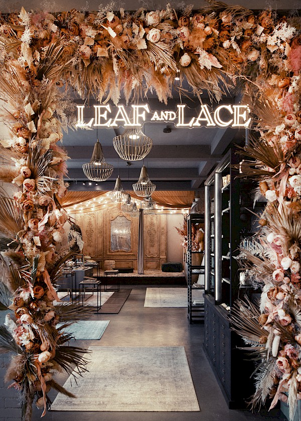 Entrance to the "Leaf and Lace" shop with lettering