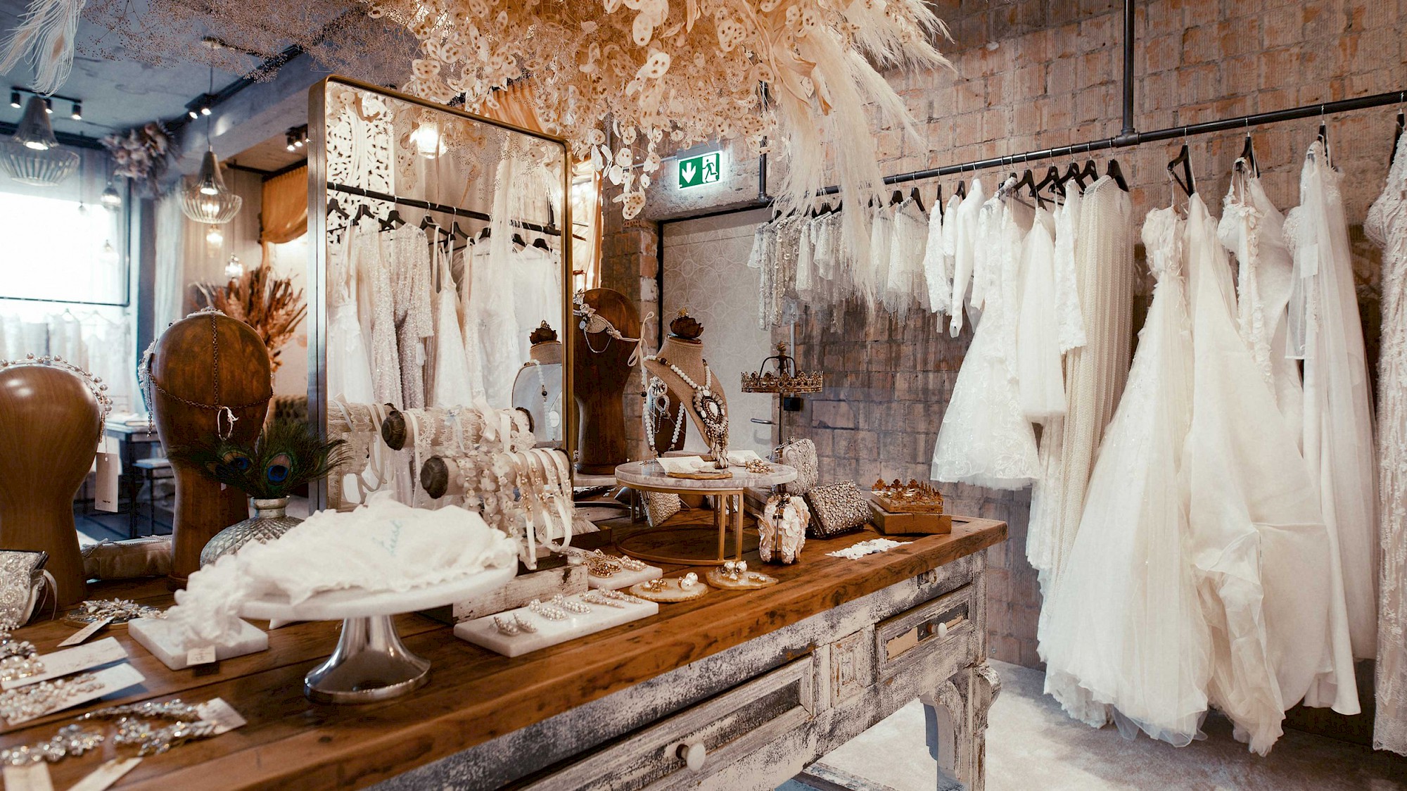 Wedding dresses and jewelry table